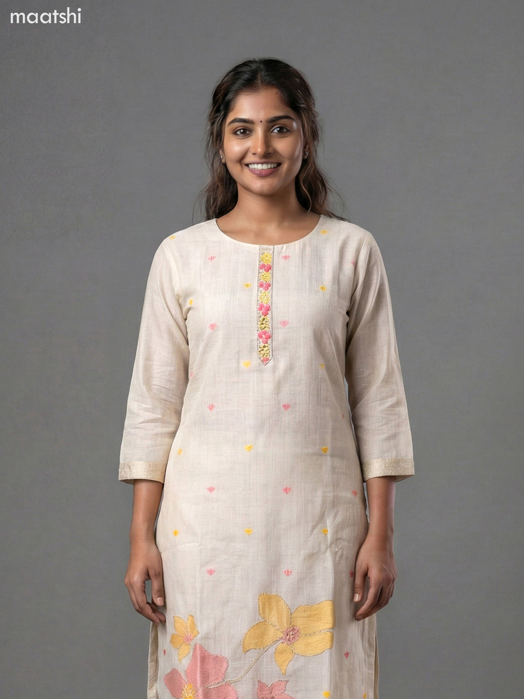 Beige Chanderi Thread Embroidery & Mirror Work Straight Suit