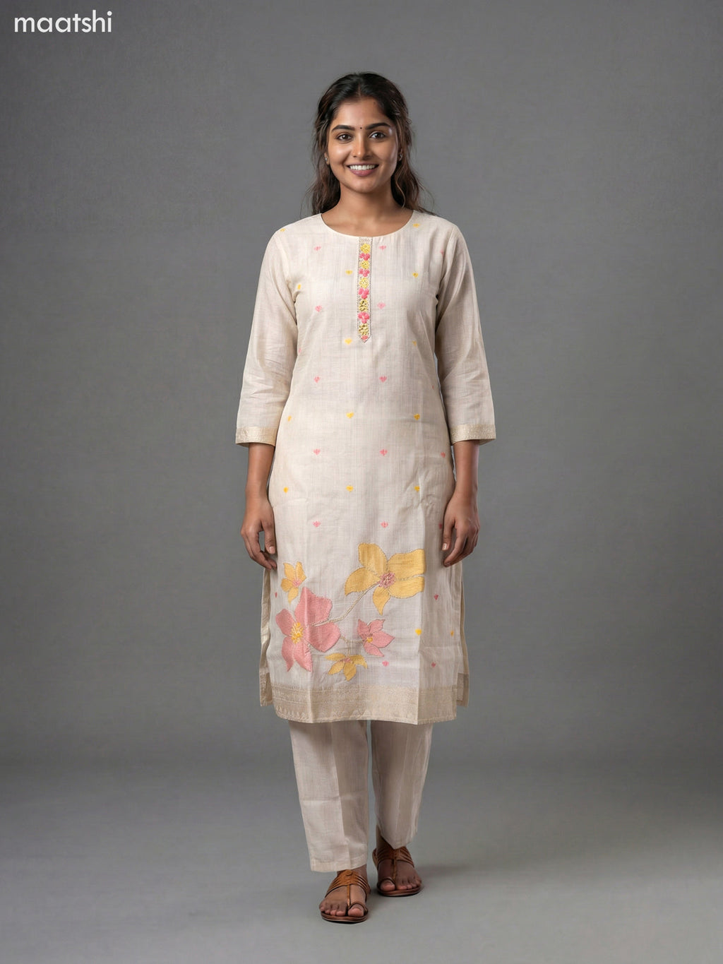 Beige Chanderi Thread Embroidery & Mirror Work Straight Suit