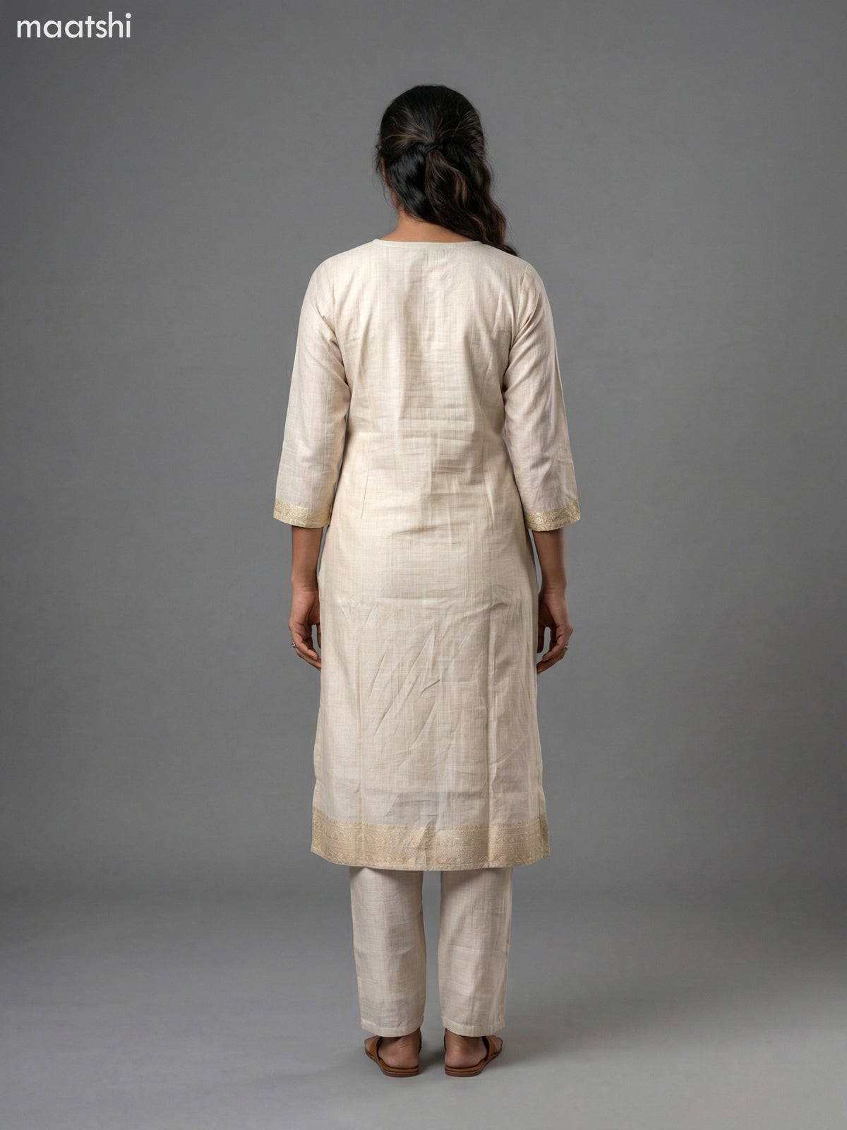 Beige Chanderi Thread Embroidery & Mirror Work Straight Suit