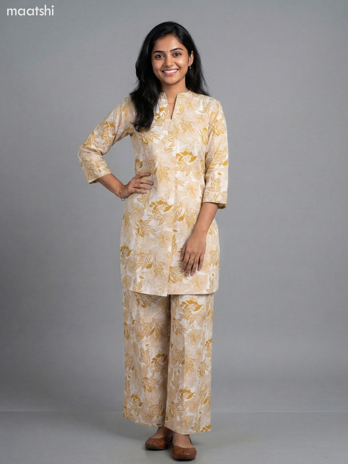 Beige and Mustard Shade Cotton Floral Printed Short Co-Ord Set