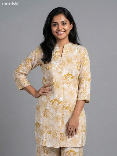 Beige and Mustard Shade Cotton Floral Printed Short Co-Ord Set