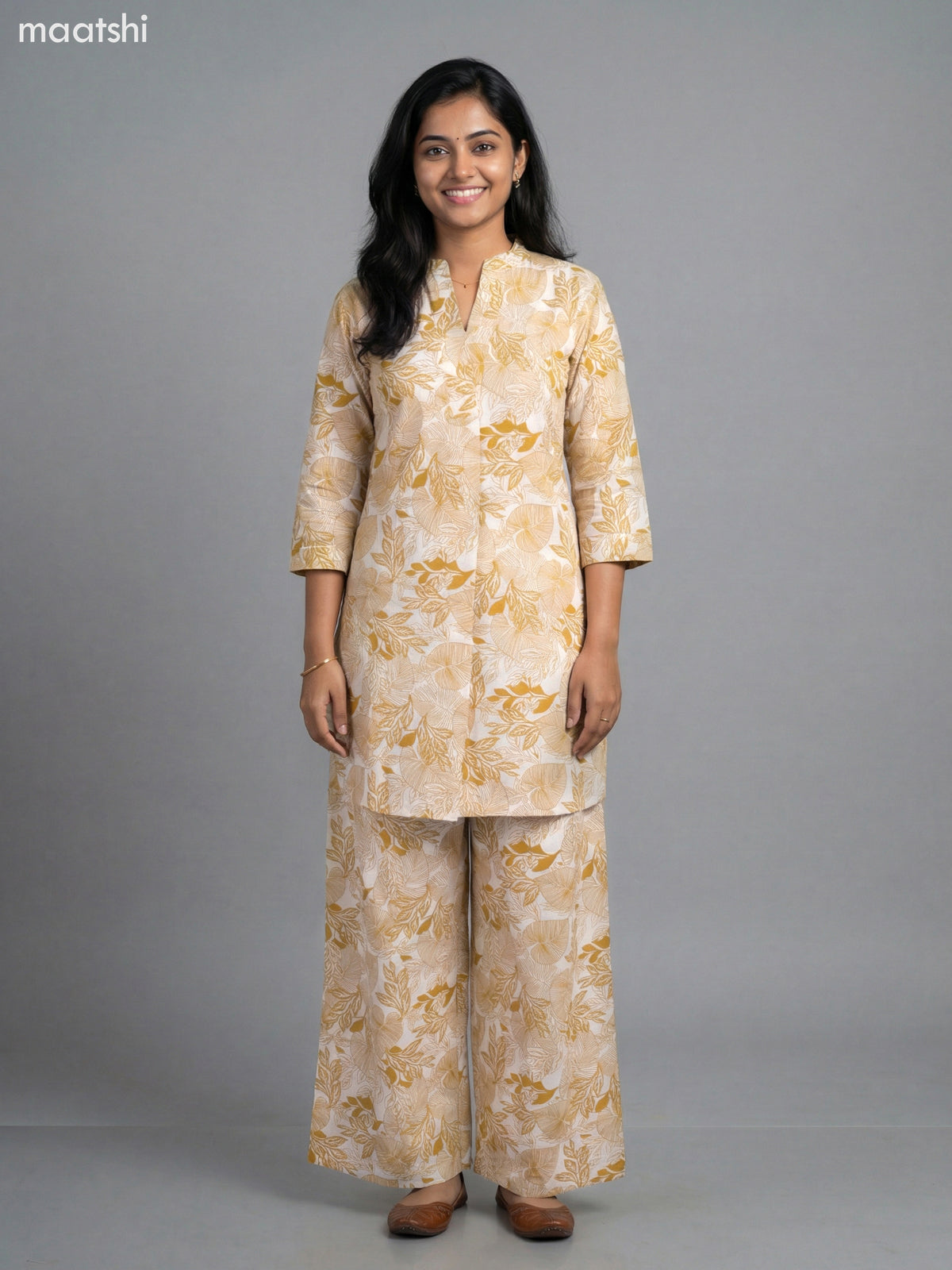 Beige and Mustard Shade Cotton Floral Printed Short Co-Ord Set