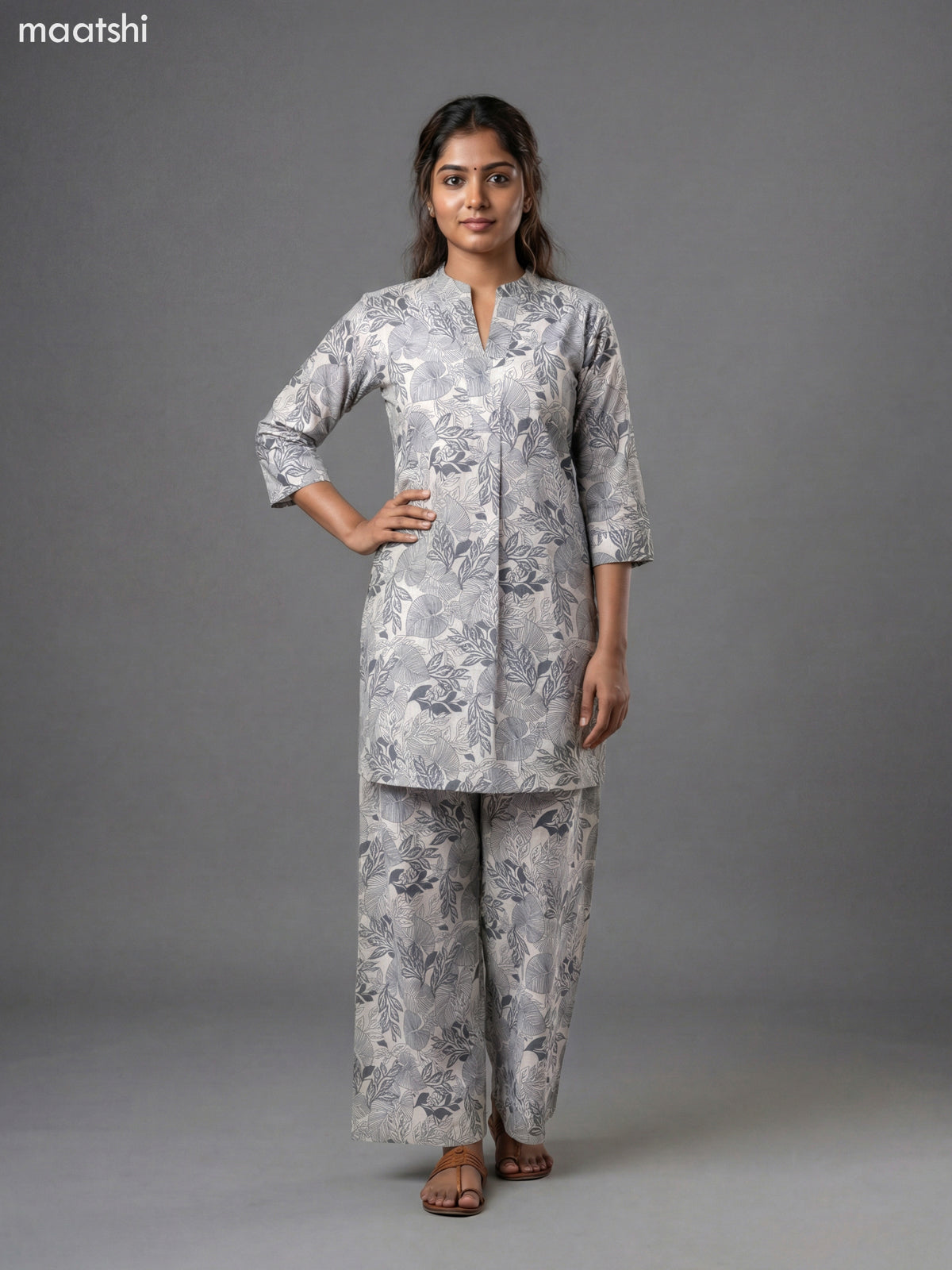 Beige and Grey Cotton Floral Printed Short Co-Ord Set