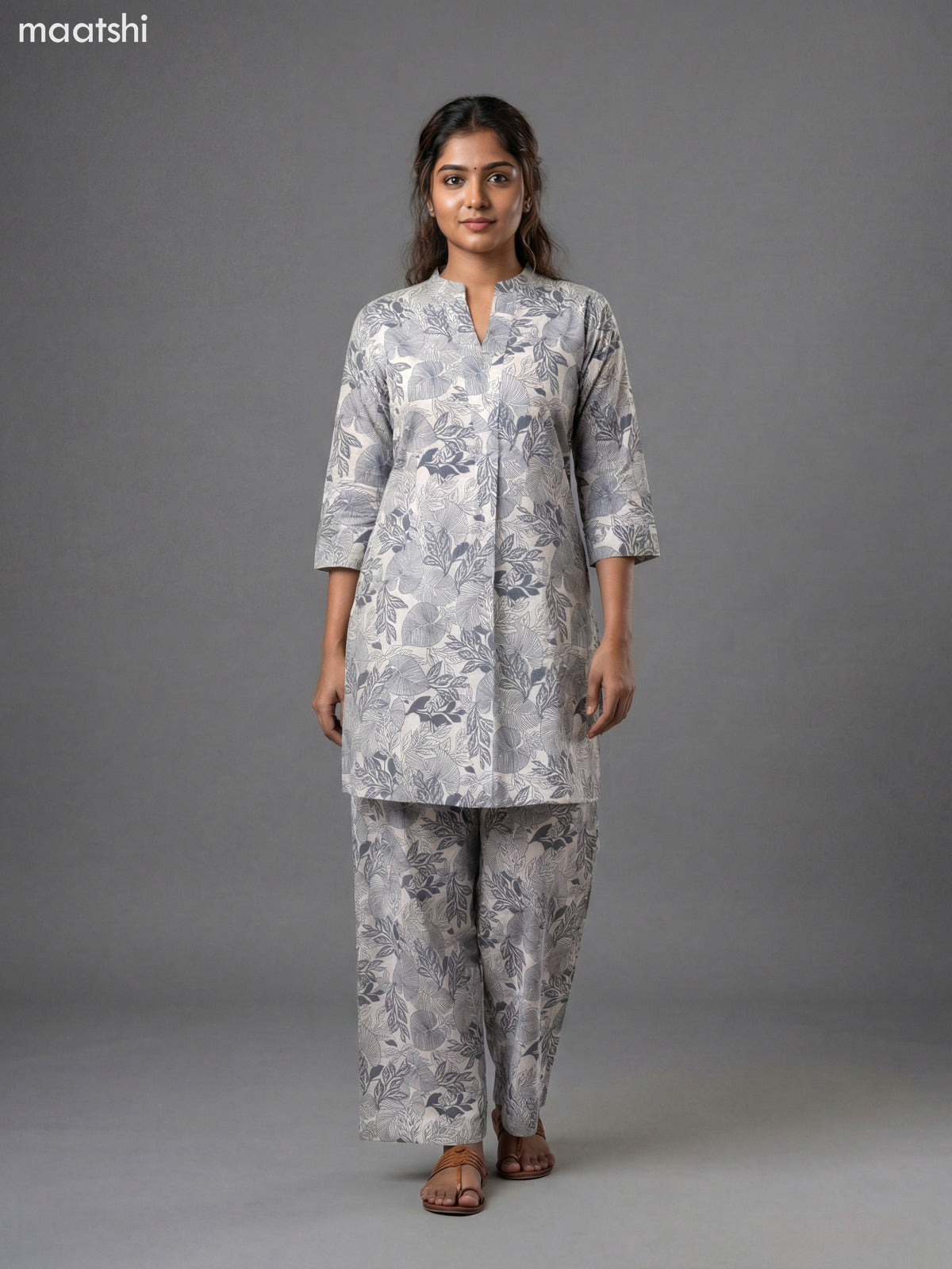 Beige and Grey Cotton Floral Printed Short Co-Ord Set