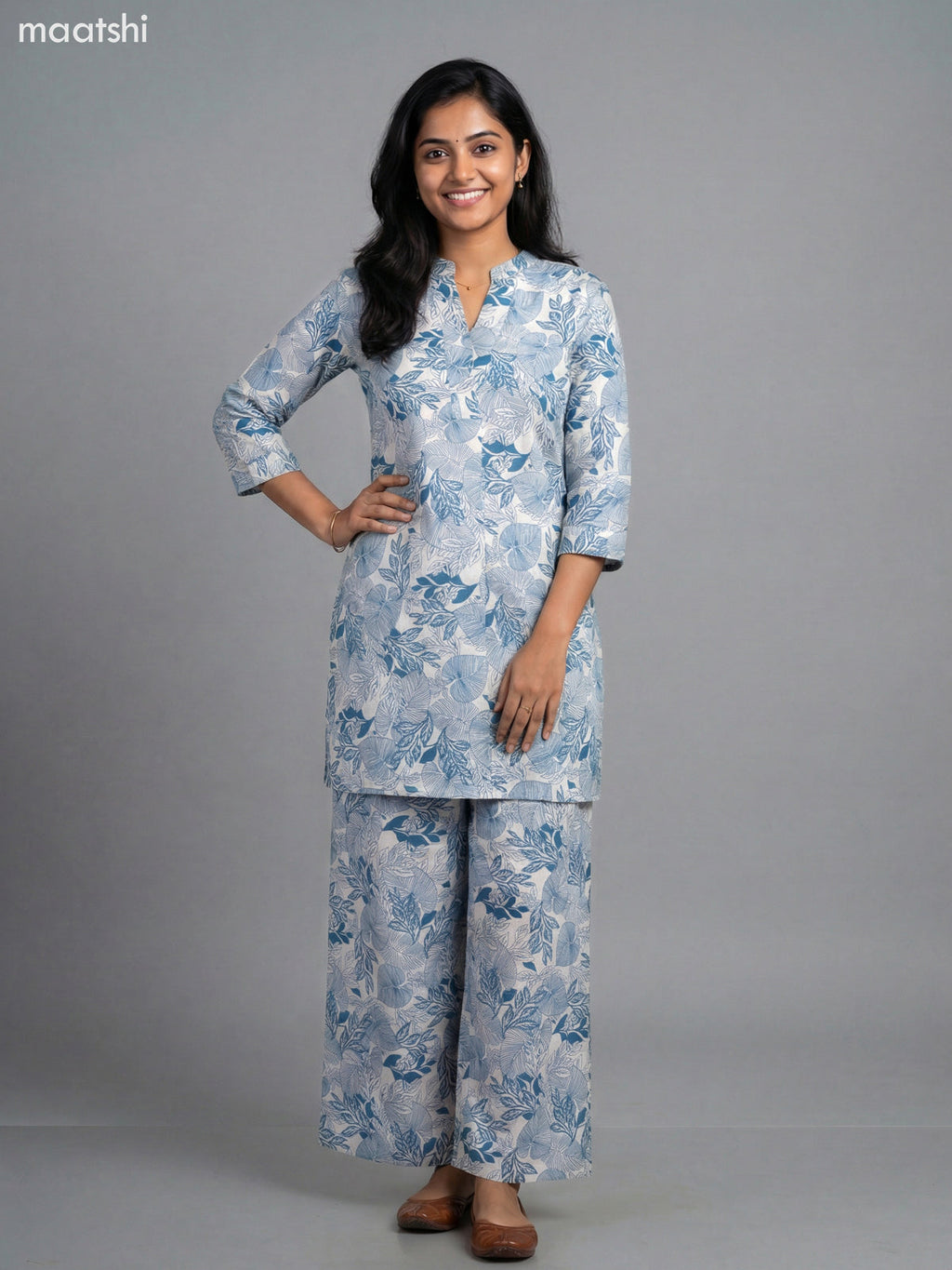 Beige and Blue Shade Cotton Floral Printed Short Co-Ord Set