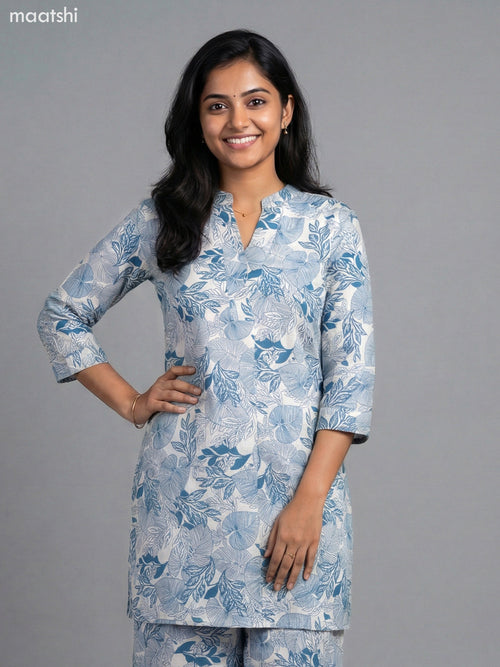 Beige and Blue Shade Cotton Floral Printed Short Co-Ord Set