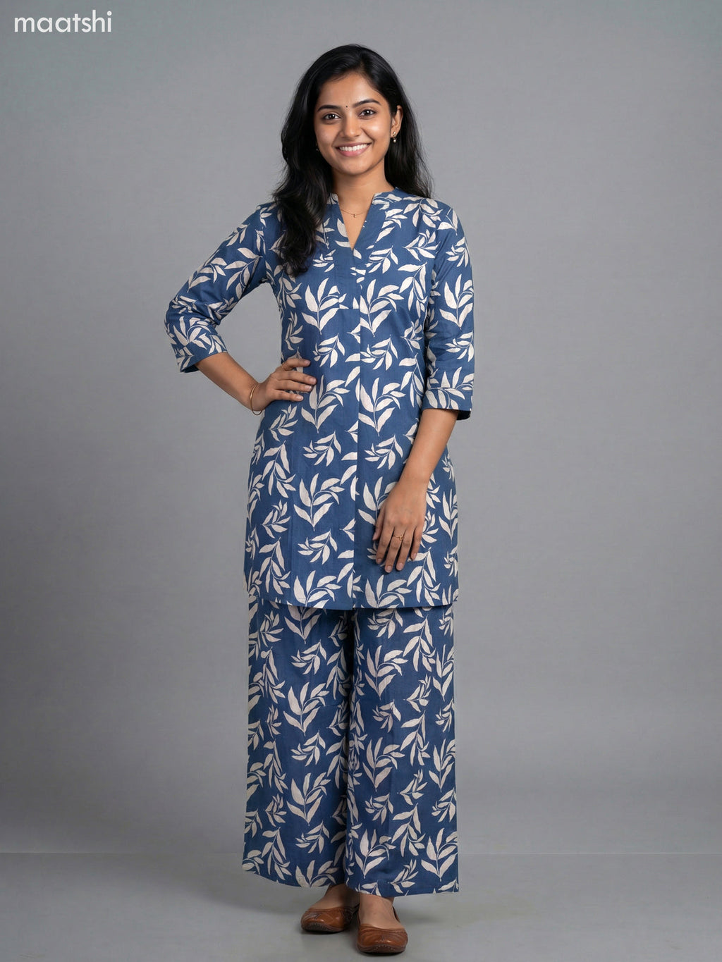 Blue and Cream Cotton Floral Printed Short Co-Ord Set