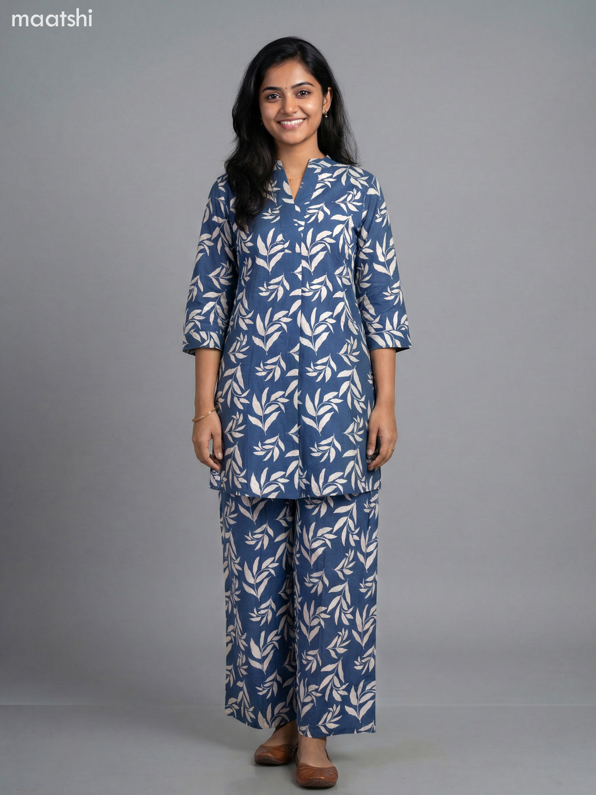 Blue and Cream Cotton Floral Printed Short Co-Ord Set