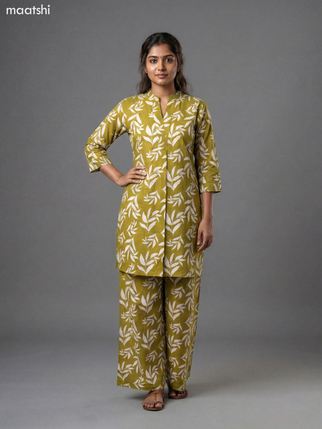 Lime Green and Cream Cotton Floral Printed Short Co-Ord Set