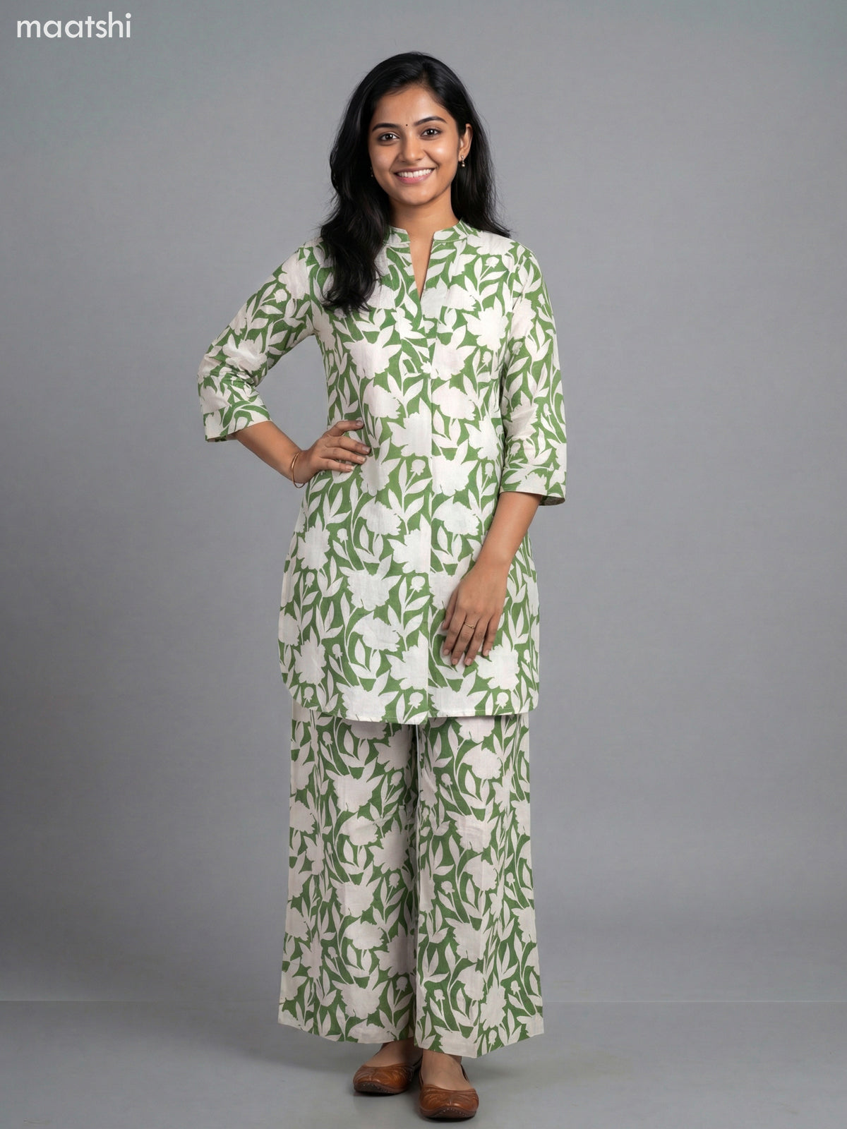 Green and Cream Cotton Floral Printed Short Co-Ord Set