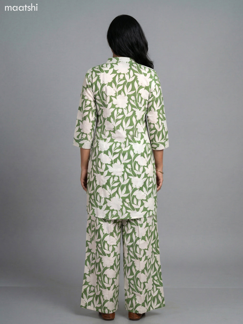 Green and Cream Cotton Floral Printed Short Co-Ord Set