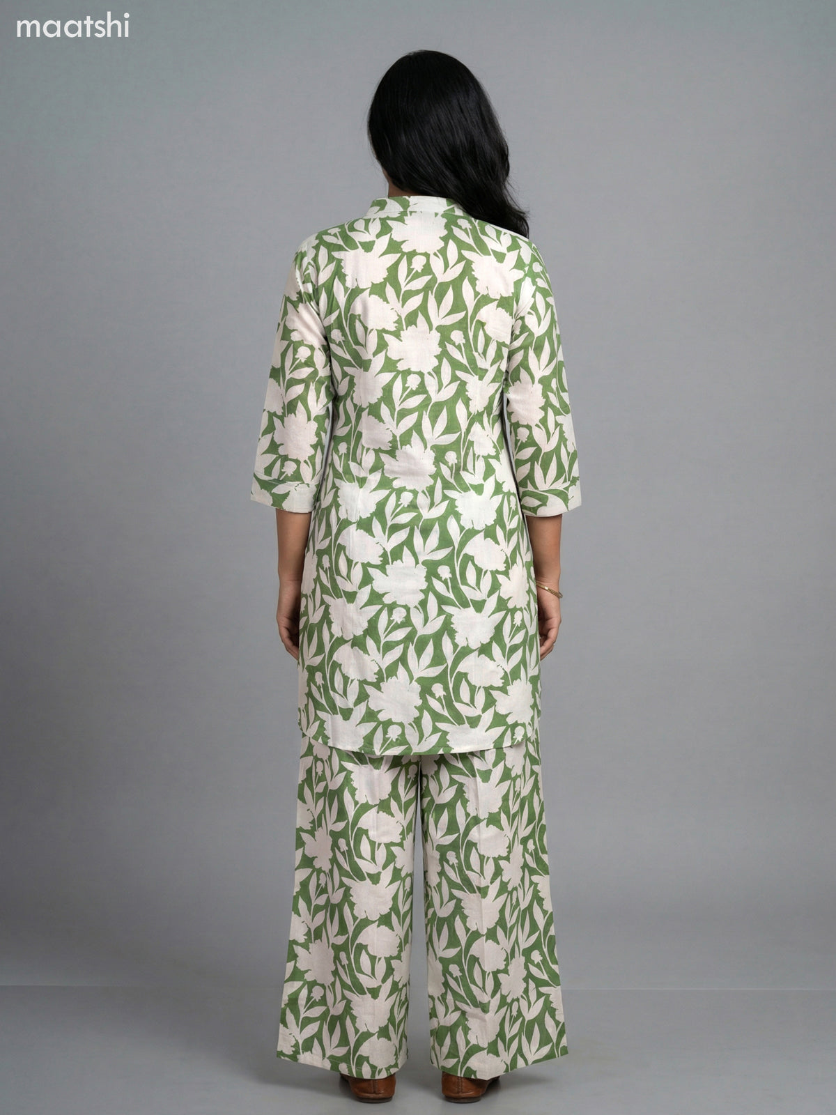 Green and Cream Cotton Floral Printed Short Co-Ord Set