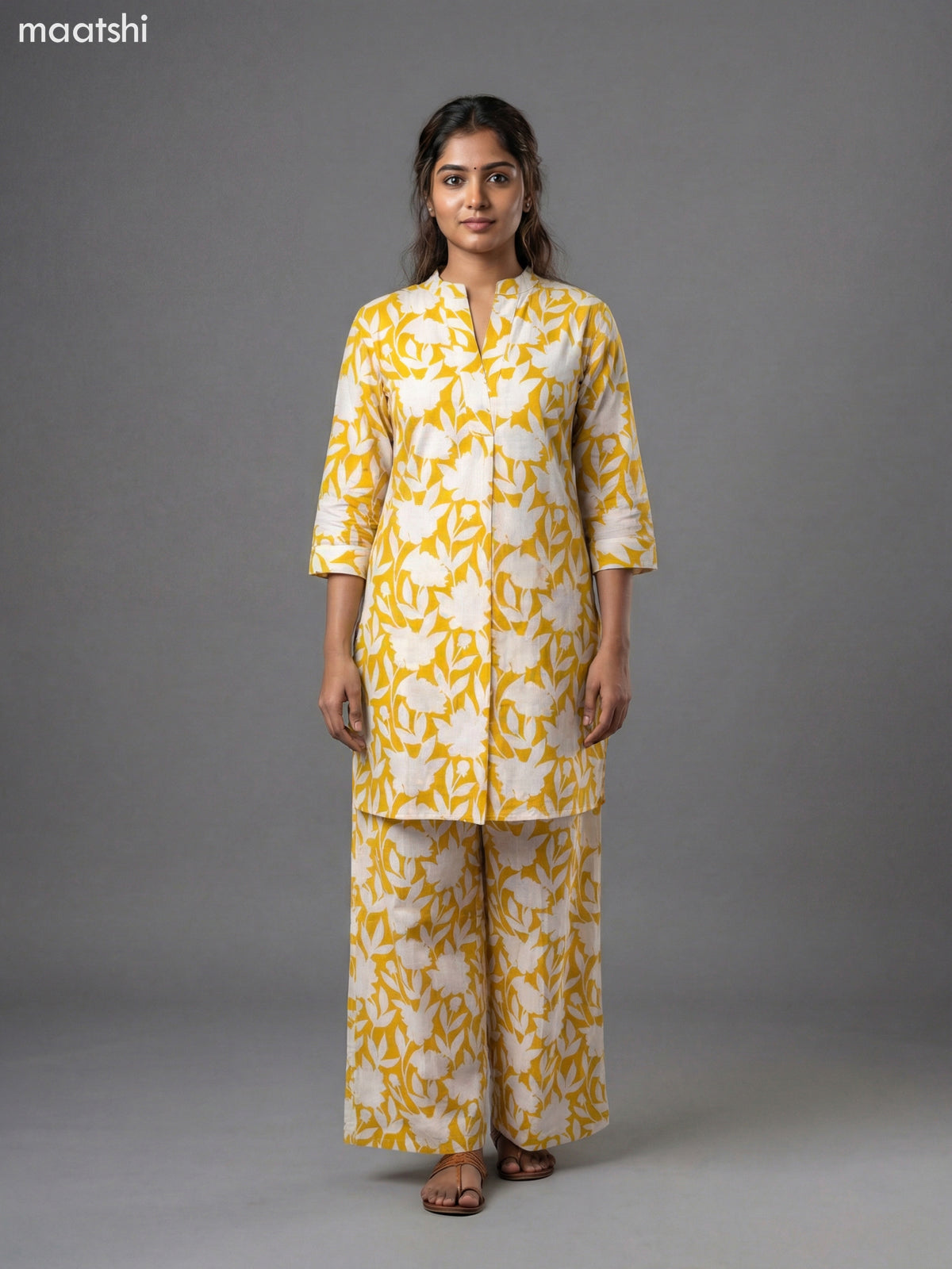 Yellow and Cream Cotton Floral Printed Short Co-Ord Set