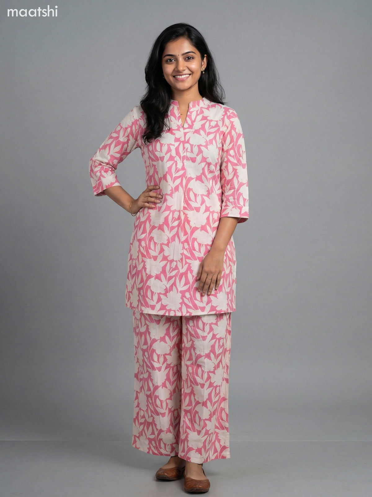 Peach Pink and Cream Cotton Floral Printed Short Co-Ord Set