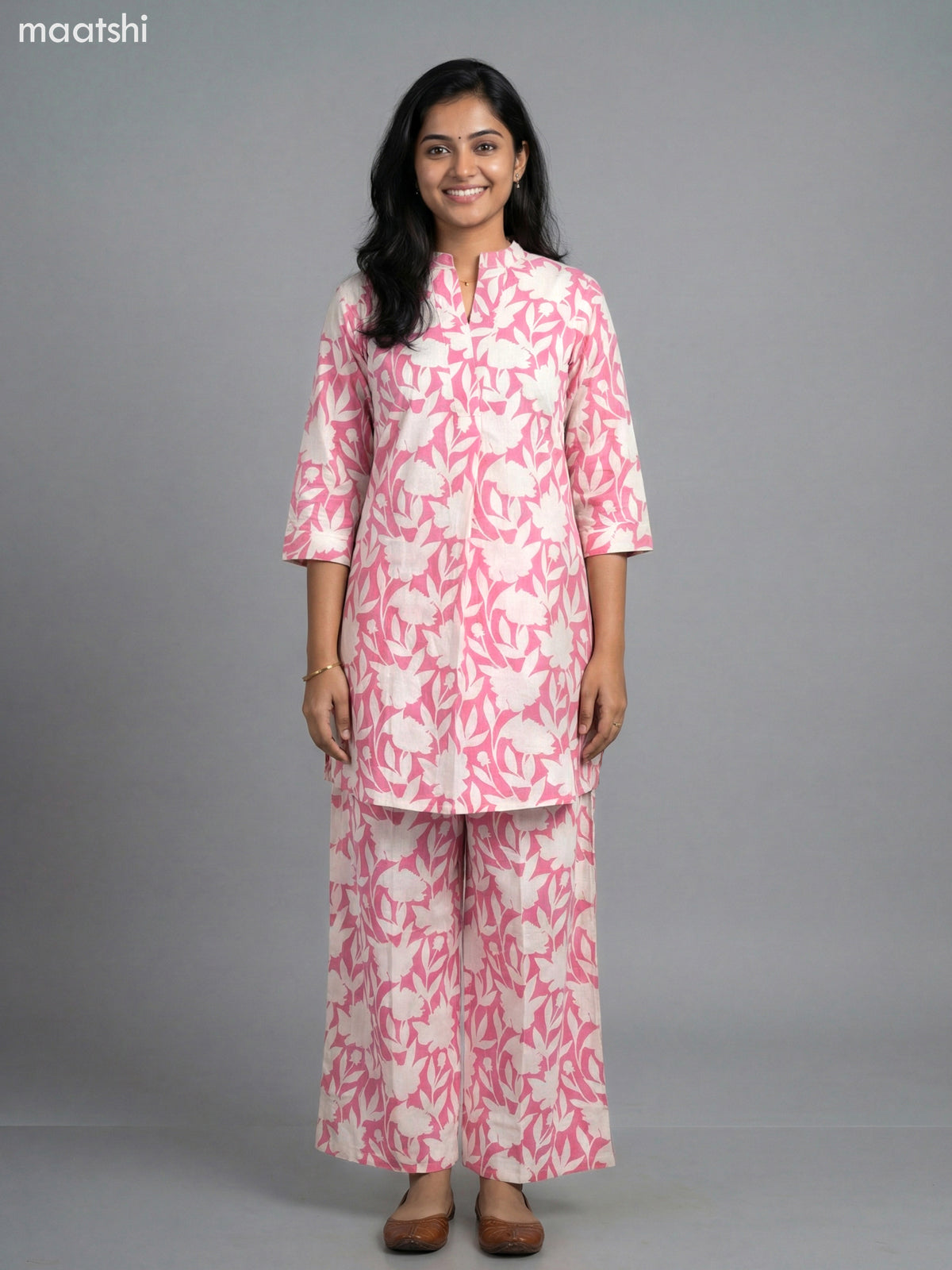 Peach Pink and Cream Cotton Floral Printed Short Co-Ord Set