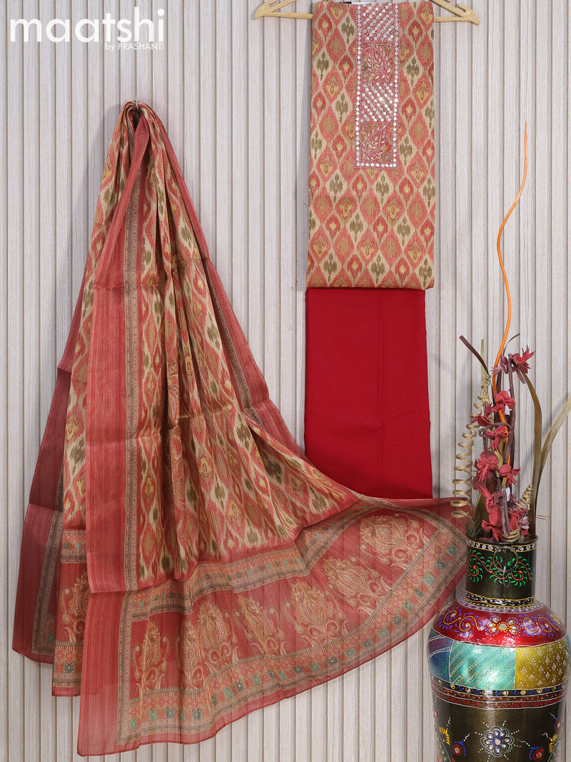 Tissue dress material red shade with allover ikat prints & beaded mirror work neck pattern and bottom & dupatta