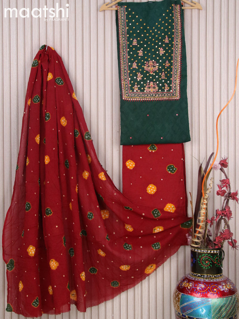 Cotton dress material dark green and maroon with embroidery mirror work neck pattern and bottom & batik prints dupatta