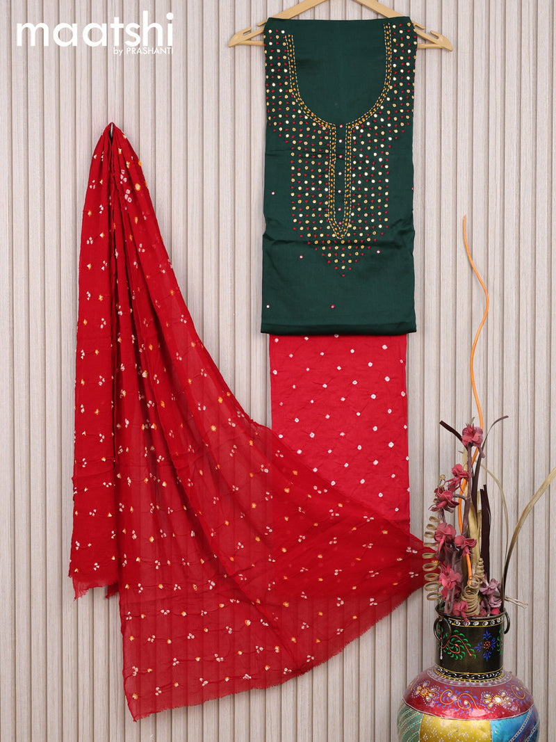 Cotton dress material dark green and red with mirror & french kont work neck pattern and bottom & chiffon dupatta