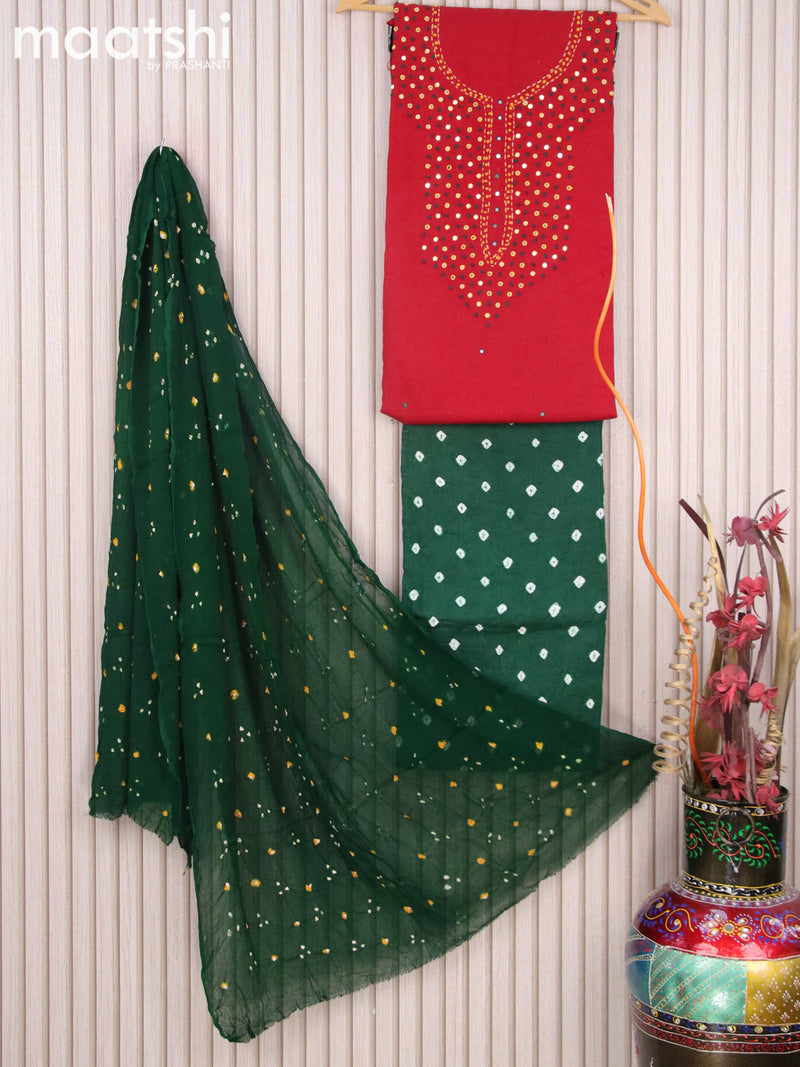 Cotton dress material red and dark green with mirror & french kont work neck pattern and bottom & chiffon dupatta
