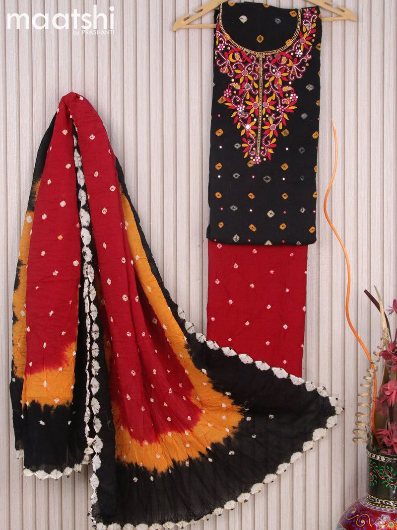 Cotton dress material black and maroon with batik butta prints & embroidery beaded work neck pattern and bottom & dupatta