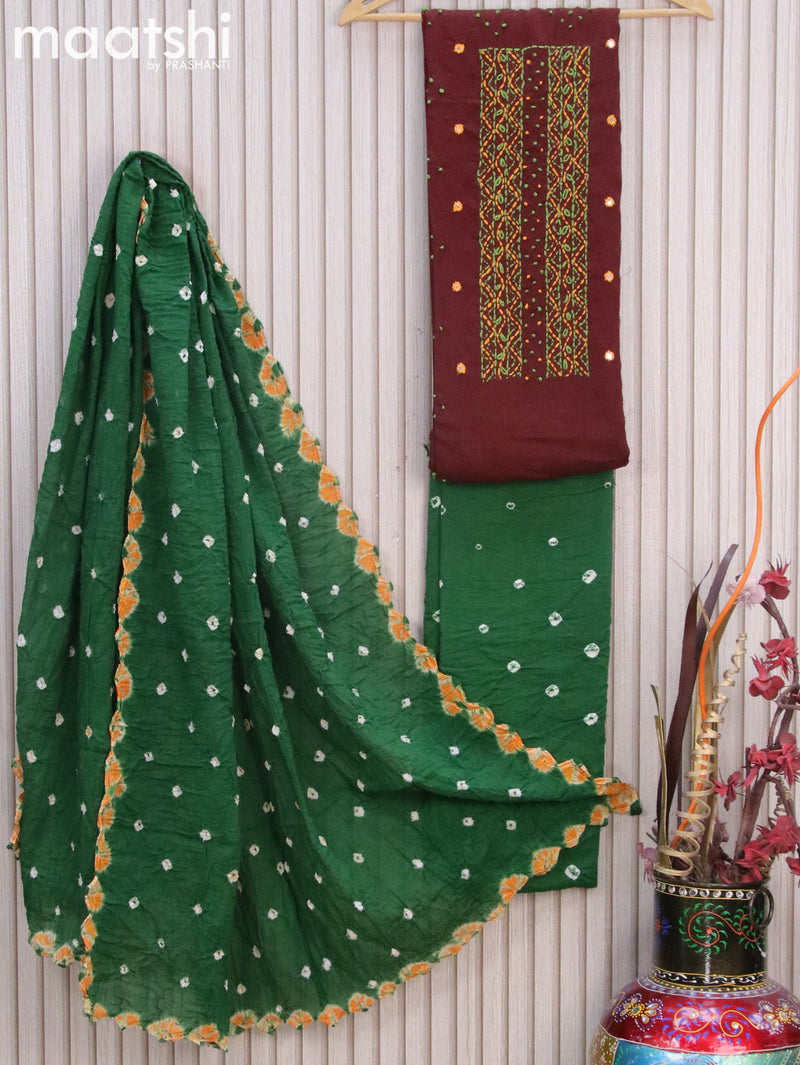 Cotton dress material deep maroon and green with embroidery mirror french knot work and bottom & batik prints dupatta