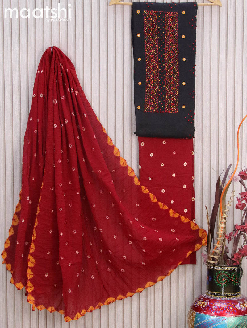 Cotton dress material black and maroon with embroidery mirror french knot work and bottom & batik prints dupatta