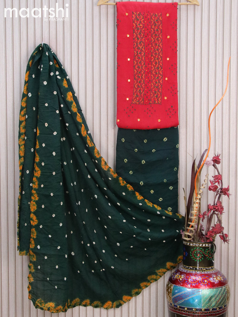 Cotton dress material red and bottle green with embroidery mirror french knot work and bottom & batik prints dupatta