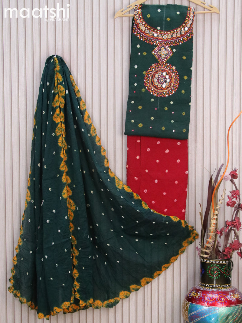 Cotton dress material green and red with batik butta prints & embroidery beaded work neck pattern and bottom & batik prints dupatta