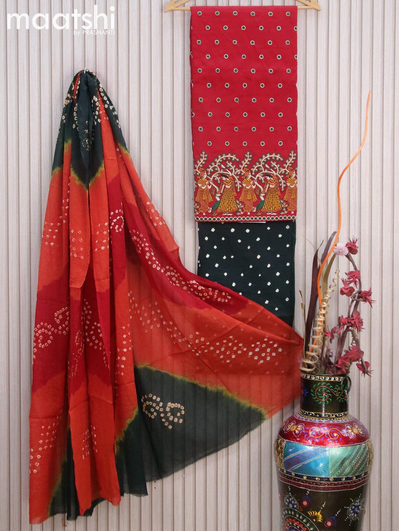 Cotton dress material maroon and bottle green with allover embroidery work buttas and bottom & batik prints dupatta