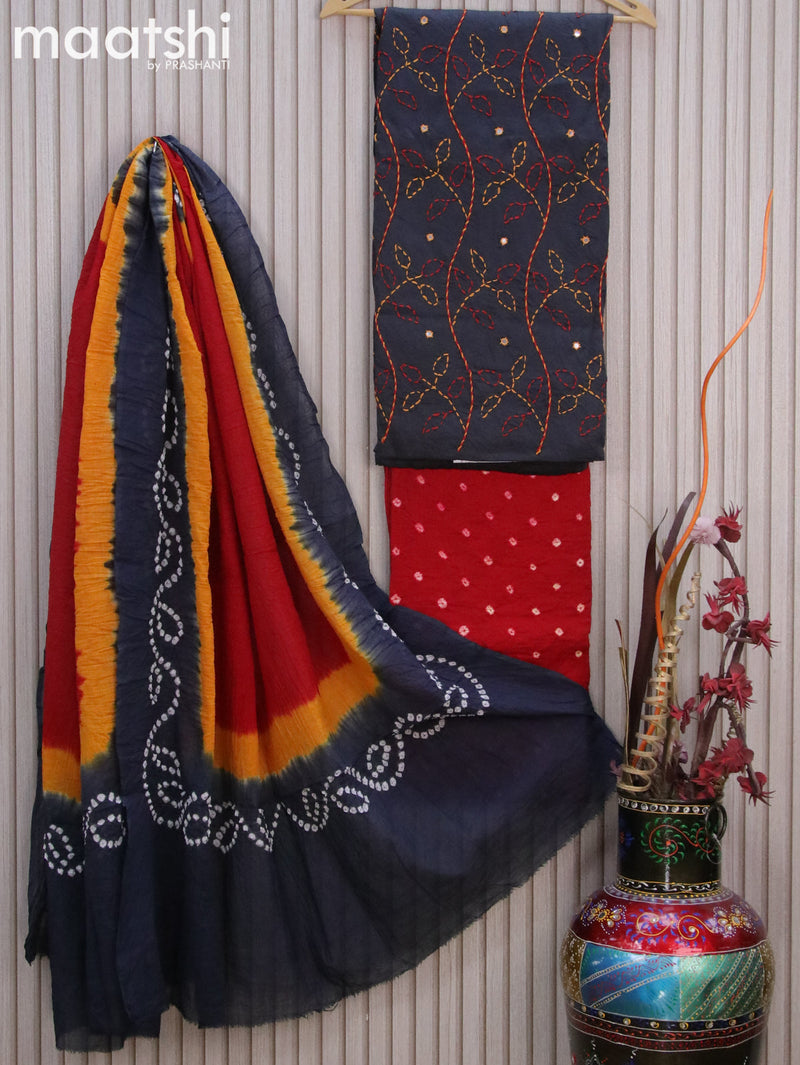 Cotton dress material elephant grey and red with allover embroidery work and bottom & batik prints dupatta