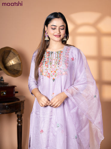 Muslin salwar suit mild purple with sequin & embroidery work neck pattern and straight cut pant & organza dupatta
