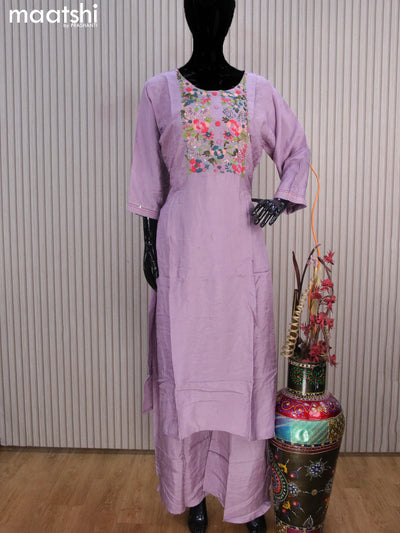Muslin readymade salwar suits mild purple with sequin & embroidery work neck pattern and palazo pant & organza dupatta