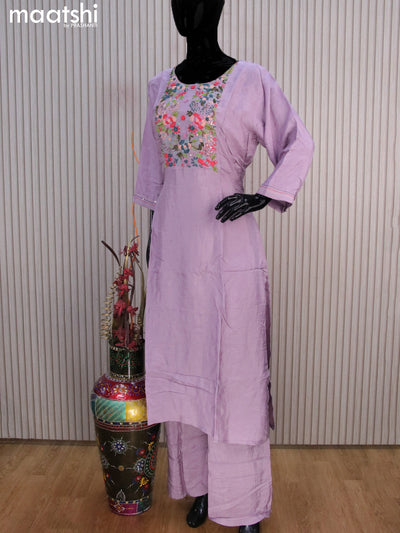 Muslin readymade salwar suits mild purple with sequin & embroidery work neck pattern and palazo pant & organza dupatta