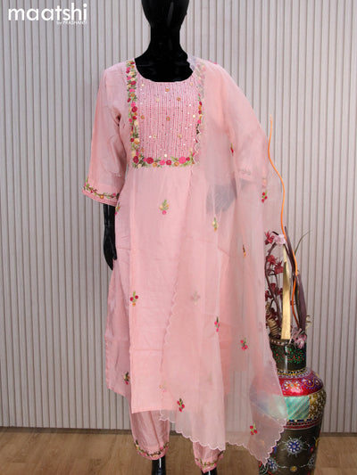 Muslin readymade salwar suits pastel peach with embroidery & mirror work neck pattern and stright cut pant & organza dupatta