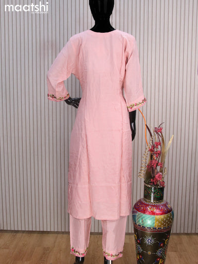 Muslin readymade salwar suits pastel peach with embroidery & mirror work neck pattern and stright cut pant & organza dupatta