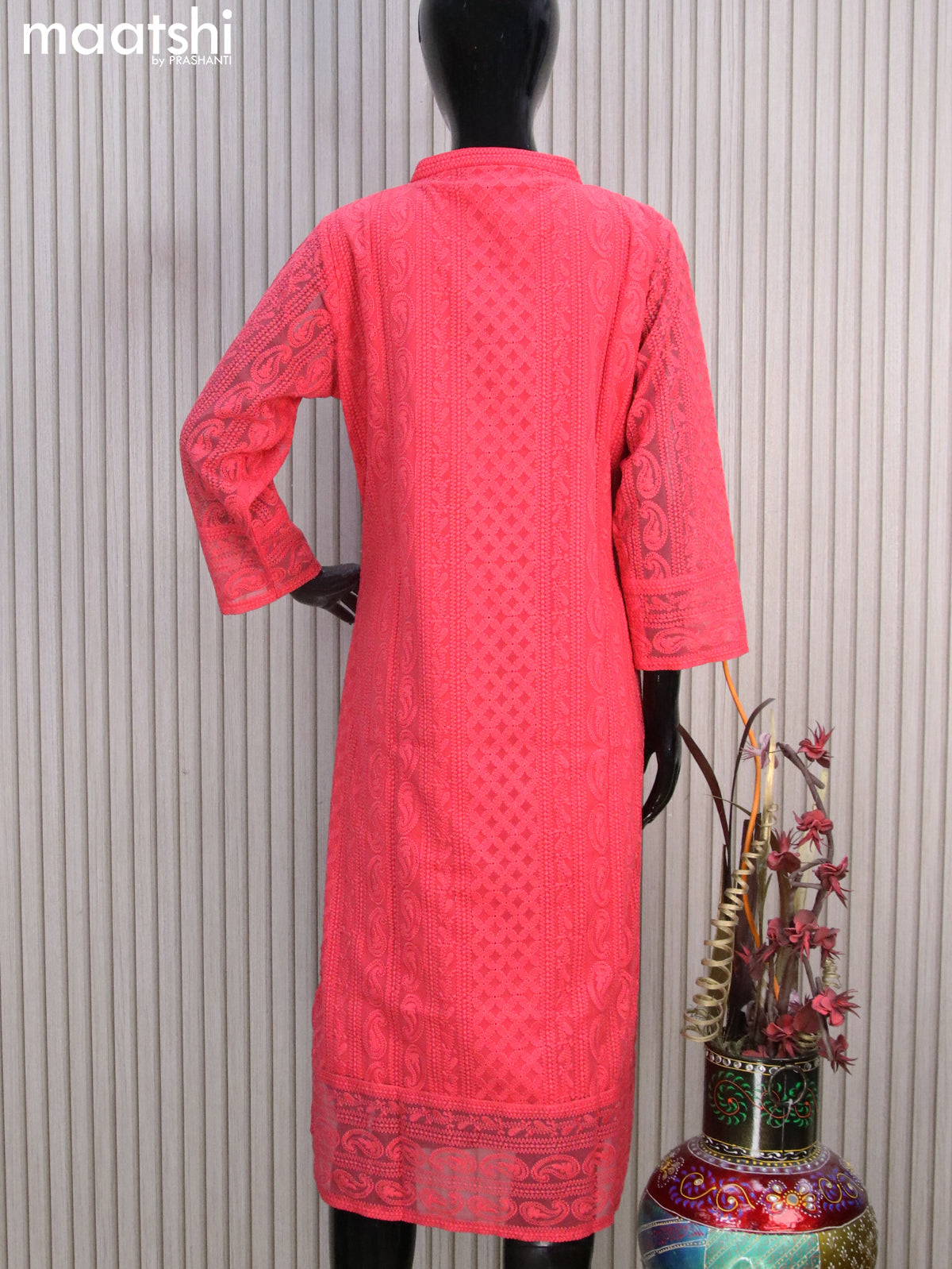 Semi georgette readymade kurti pink shade with allover chikankari work & simple neck pattern without pant