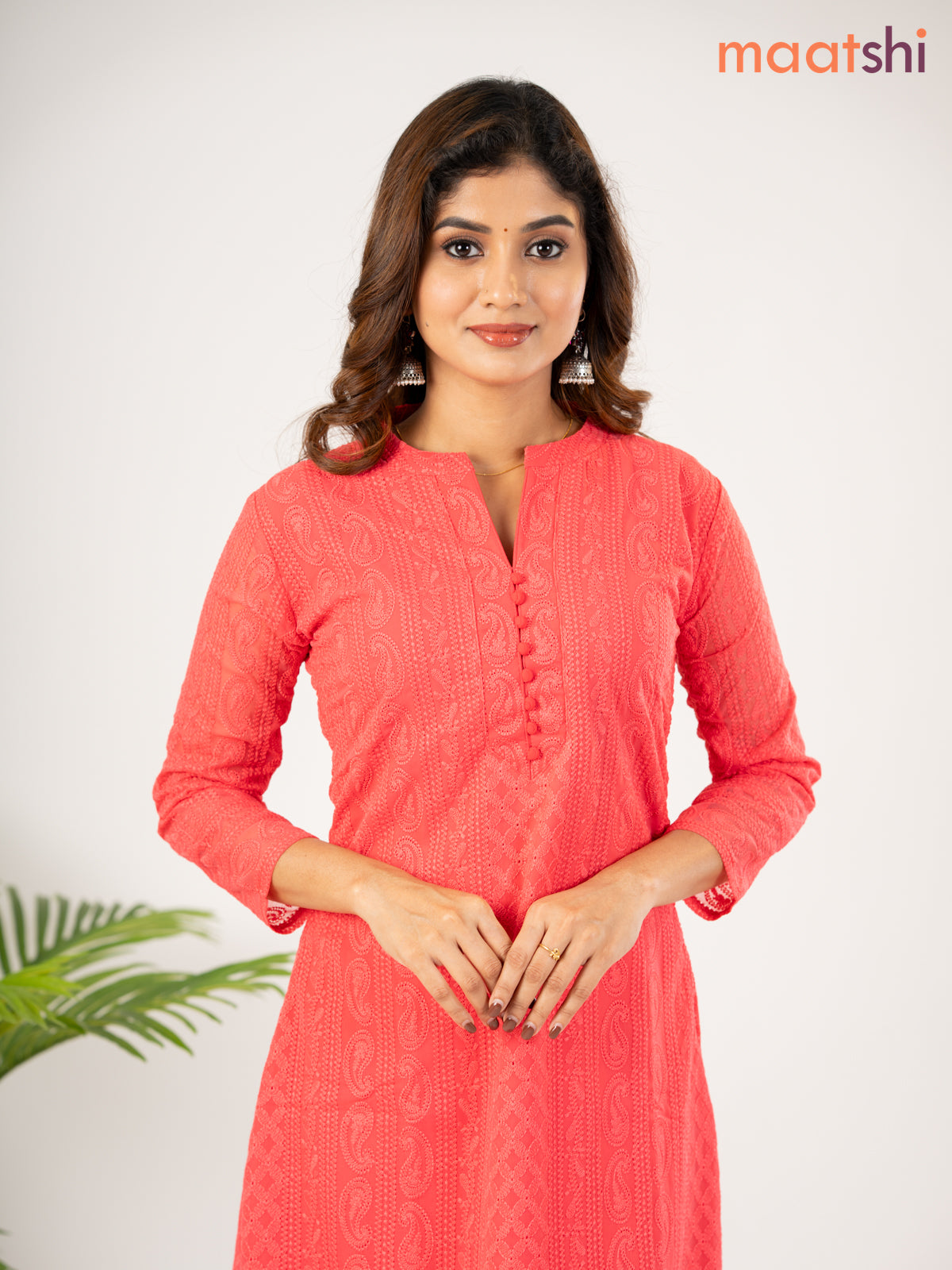 Semi georgette kurti pink shade with allover chikankari work & simple neck pattern without pant