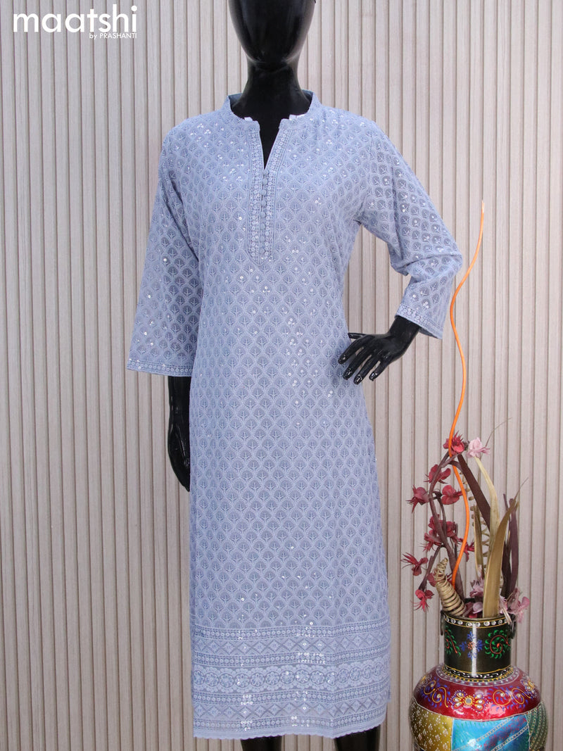 Semi georgette readymade kurti grey with allover chikankari work & simple neck pattern without pant