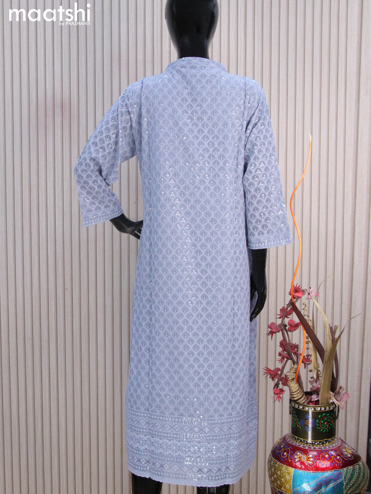 Semi georgette readymade kurti grey with allover chikankari work & simple neck pattern without pant