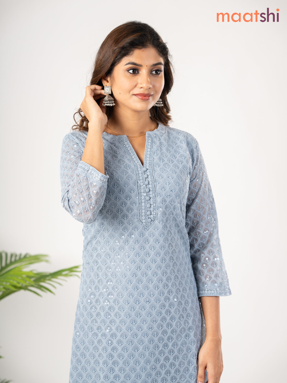 Semi georgette kurti grey with allover chikankari work & simple neck pattern without pant
