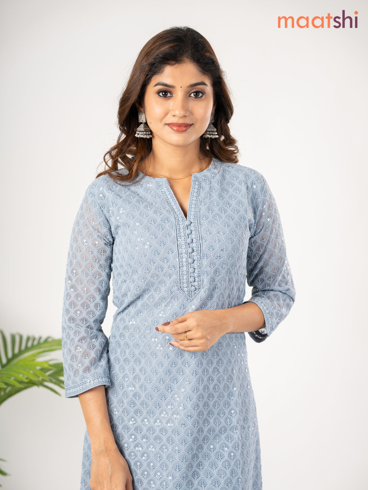 Semi georgette kurti grey with allover chikankari work & simple neck pattern without pant