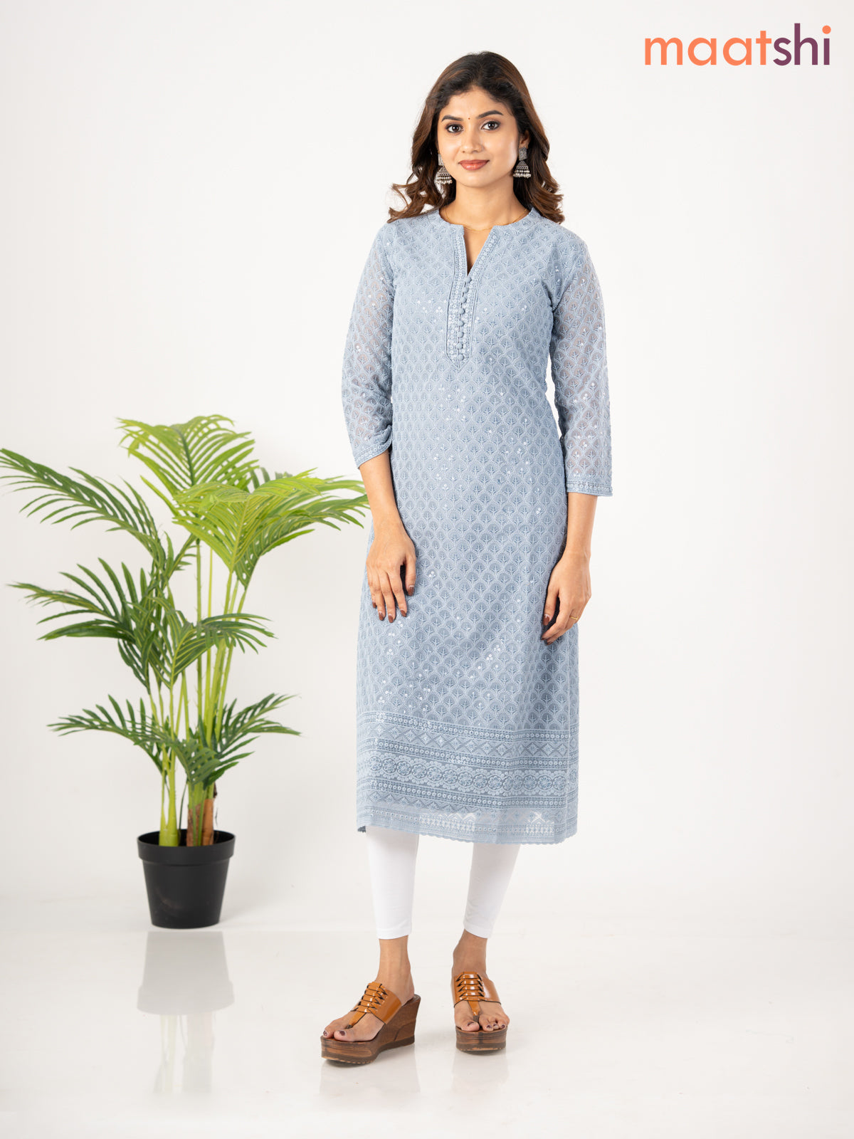 Semi georgette kurti grey with allover chikankari work & simple neck pattern without pant