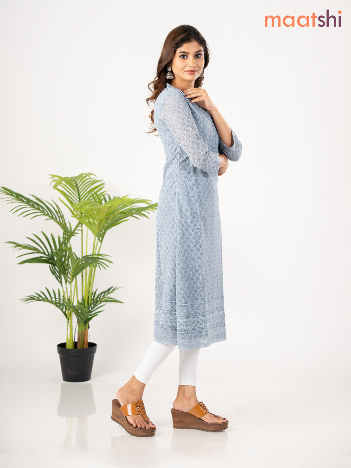 Semi georgette kurti grey with allover chikankari work & simple neck pattern without pant