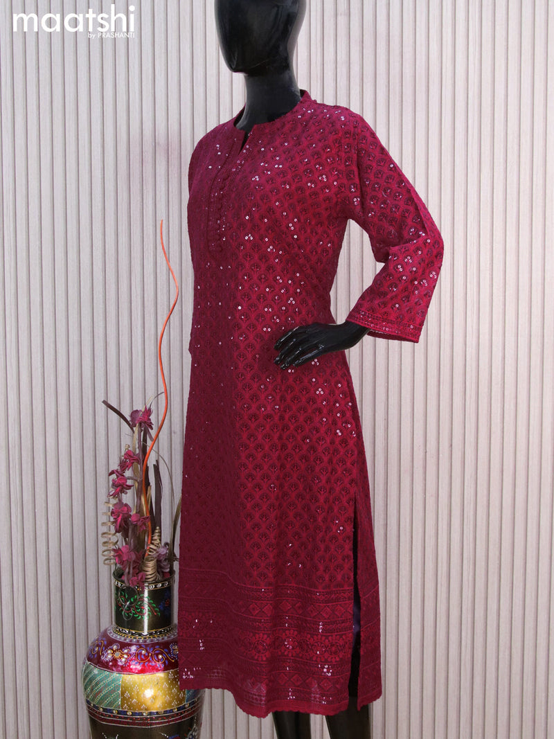 Semi georgette readymade kurti maroon with allover chikankari work & simple neck pattern without pant