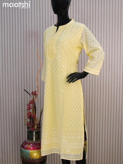 Semi georgette readymade kurti pale yellow with allover chikankari work & simple neck pattern without pant