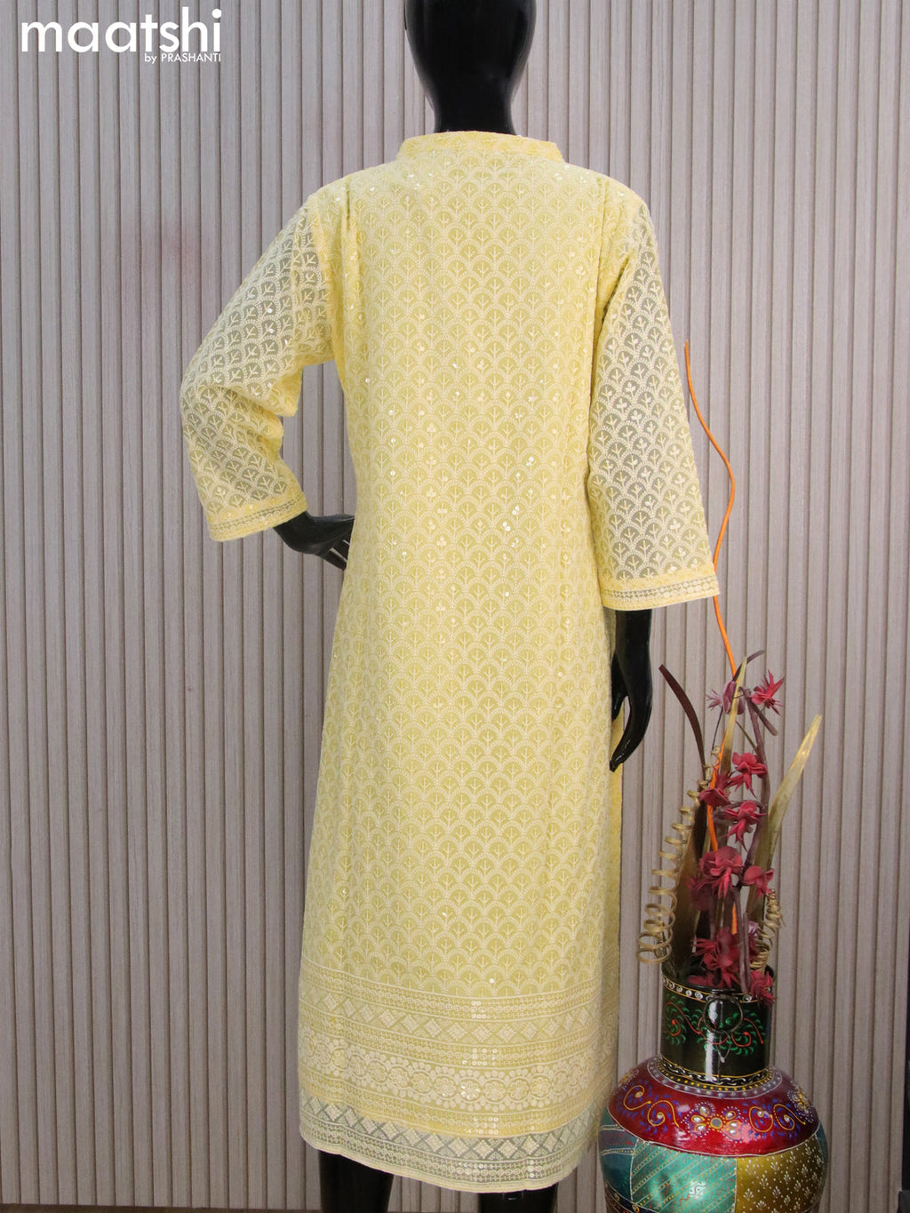 Semi georgette readymade kurti pale yellow with allover chikankari work & simple neck pattern without pant