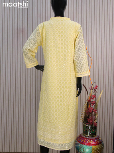 Semi georgette readymade kurti pale yellow with allover chikankari work & simple neck pattern without pant