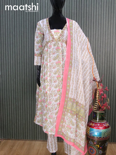Cotton readymade alia cut salwar suits off white and pink shade with allover prints & sequin work neck pattern and straight cut pant & cotton dupatta