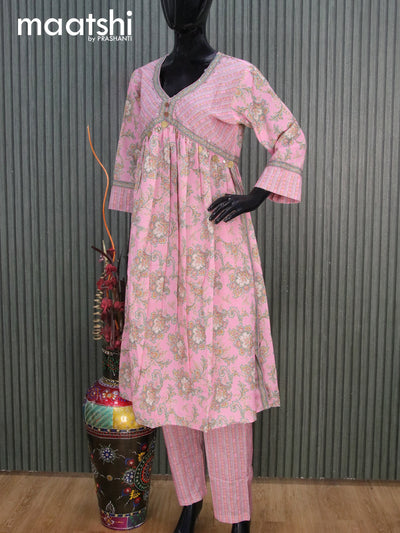 Cotton readymade alia cut salwar suits light pink with allover prints & sequin work neck pattern and straight cut pant & cotton dupatta