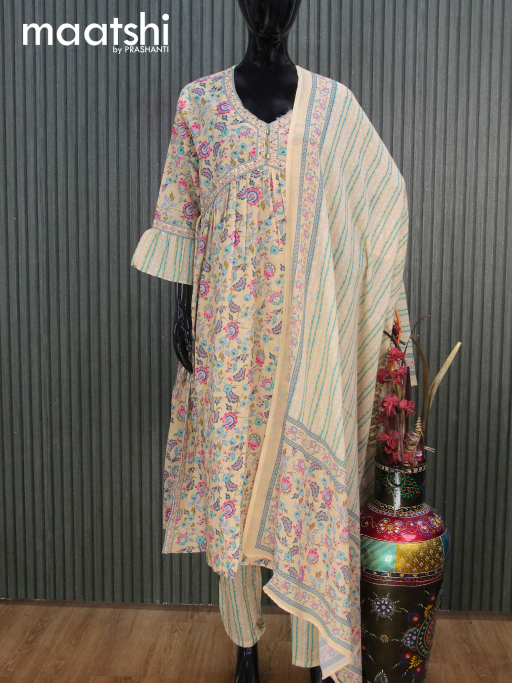 Cotton readymade alia cut salwar suits sandal with allover floral prints & sequin work neck pattern and straight cut pant & cotton dupatta